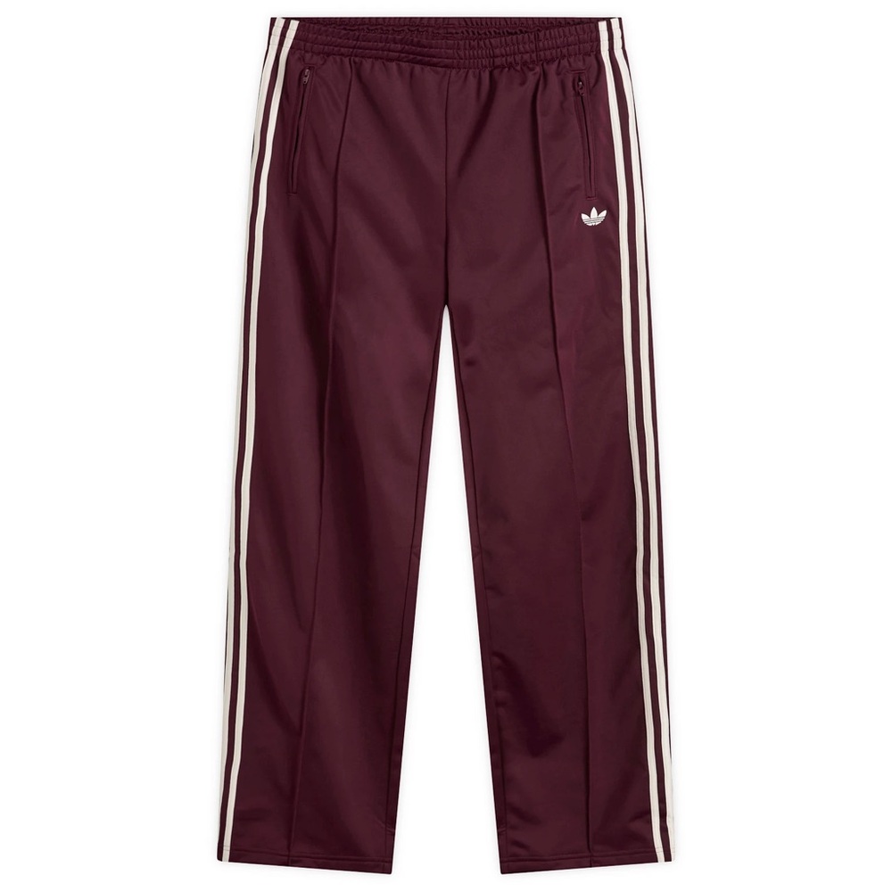 Women’s Adidas Firebird Loose Maroon Track Pants with off white Stripes